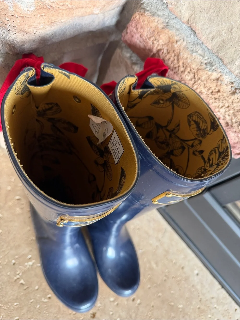 Joules Gloss Navy Tall Rain Boots with Gold Plaque Red Bows Gold Interior sz 7
